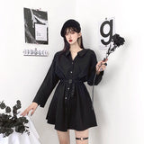 Gorunrun-hoco dresses -hoco dresses -S-4Xl Gothic Black Mini Dress Women Streetwear Belt Long Sleeve One Pieces Dresses Dark Academic Korean Bodycon A Line Vestidos