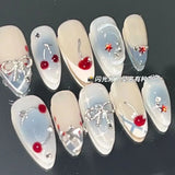 Gorunrun-Fall Nails DIY 10Pcs Handmade Press on Nails French Almond Full Cover Cherries and Bow Design Fake Nails Sweet Cute Manicure Nail For Women