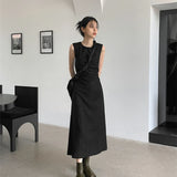 GORUNRUN-Hollow Out Midi Dress Women Elegant Black Sleeveless A Line Dresses Summer Korean Party Drawstring Backless Sundress Vestidos