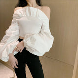 GORUNRUN-Sexy Slash Neck Shirts Women Elegant White Ruffles Puff Long Sleeve Blouses Office Ladies Korean Fashion Black Slim Crop Tops