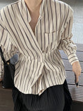 Gorunrun- Women Striped Pocket Irregular Elegant Blouse New V-neck Long Sleeve Loose Fit Shirt Fashion Spring Autumn