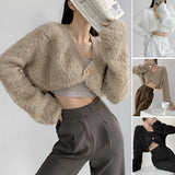 GORUNRUN-Women Winter Coat Solid Color Fluffy Button Cardigan Lady Coat Long Sleeves Short Deep V Neck Spring Coat Women Clothing