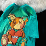 GORUNRUN Pure Cotton Retro Graffiti Teddy Bear Printed Short Sleeved T-shirt for Male and Female Summer Trendy Couple Loose Casual Top