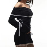 Gorunrun-hoco dresses -hoco dresses -Strapless Sexy Black Dress Women Autumn Off Shoulder Long Sleeves Lace Knitting Bandage Mini Dresses Slim Elegant Club Partywear