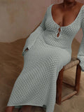 GORUNRUN-V-neck Hollowed Out Sexy Dress, Knitted Tight Fitting Long Sleeved Autumn and Winter New 2023 Fashion Casual Perspective Elegant