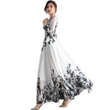 GORUNRUN-Ink Painting Long-Sleeved Chiffon Dress Women Spring Summer New Temperament Is Thin and Long Large Swing Holiday Long Skirt