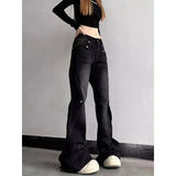 GORUNRUN-Y2K Style Black American Retro Micro Flared Holes Jeans for Women Spring and Summer High Street Slimming Low Waist Wide Leg Mop Pants