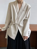 Gorunrun- Women Apricot Irregular Belted Big Size Blazer New Lapel Long Sleeve Loose Fit Jacket Fashion Spring Autumn