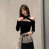 GORUNRUN-Sexy Off Shoulder Cross Halter Tees Crop Tops Short Women Slim Skinny Elegant Black Tshirts Y2k High Waist Korean Camisetas