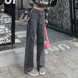 GORUNRUN-Fashion Gothic High Waist Jeans Women Spring Side Lace Up Wide Leg Denim Pants Korean Harajuku Y2K Streetwear Straight Trousers