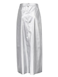 GORUNRUN Silvery Slim High Split Long Skirt Women Patchwork Pocket High Waist Fashion Solid Maxi Skirt Metallic Female Long Skirt