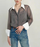 GORUNRUN-Zadily 2023 Summer Korea Style Long Sleeve Sheer Women Shirt Office Lady Loose Button Up Patchwork Woman Blouse Work Female Tops