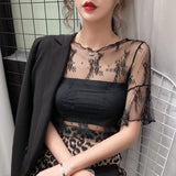 GORUNRUN-Mesh Sheer Lace T Shirts Women Y2K Sexy See Through Floral Print Tops Summer Vintage Elegant Embroidery Transparent Slim Blouses