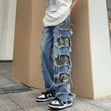 Gorunrun-Streetwear y2k 90s Fashion Hip Pop Style 2000s 2024 Ropa Grunge Y2K Streetwear Baggy Stacked Ripped Jeans Pants For Men Clothing Straight Camouflage Patch Women Denim Trousers