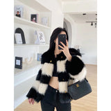 GORUNRUN-Elegant Cropped Fur Coat Women Black White Patchwork Fluffy Jacket Korean Party Furry Short Outwear Winter Warm Plush Overcoat