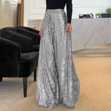 GORUNRUN-High Waist Elastic Waistband Straight Full Length Women Pants Club Night Sequins Loose Wide Leg Pants