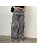 GORUNRUN-Woman Denim Pants Loose Trousers Low Waist Sweatpants Floor-Length Cargo Pockets Pants Bell Bottoms Hiking Design Pant Y2K