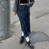 GORUNRUN-Y2K Vintage Aesthetic Skirt Preppy Retro Grunge Plaid Long Skirts Korean Fashion High Waist Wrap Bodycon Chic Women Streetwear