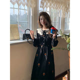 GORUNRUN-Vintage Corduroy Midi Dress Women Sweet Print A Line Dresses Korean Elegant Black Party Peter Pan Collar Slim Casual Vestidos