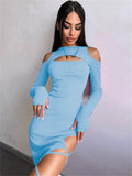 GORUNRUN Bandage Off-Shoulder Hollow Out Dress For Women Solid High Split Sexy Lace-Up Maxi Dress Elegant Club Fashion Ladies Dress