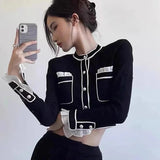 GORUNRUN-Vintage Knitted Cardigan Women Patchwork Cropped Sweater Jackets Korean Elegant Black Slim Chic Short Knitwear Outwear Tops New