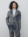 Gorunrun-  Women Gray Pattern Pleated Asymmetrical Blazer New Lapel Long Sleeve Loose Fit  Jacket Fashion Spring Autumn