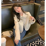 GORUNRUN-Elegant Cropped Jacket Women Korean Lace Patchwork Short Coat Sweet Peter Pan Collar Single Breasted All Match Outerwear Tops