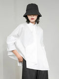 Gorunrun- Women White Irregular Big Size Casual Blouse New Lapel Three-quarter Sleeve Shirt Fashion Tide Spring Autumn