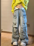 Gorunrun-Light blue washed ripped multi-pocket high street cargo pants women 2024 aesthetic fashion American retro wide leg baggy jeans