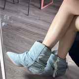 GORUNRUN-Pointed Toe Denim Women Western Cowboy Boots Fashion Slip On Short Booties Retro Style Autumn Winter Female Shoes