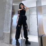 GORUNRUN Streetwear Women Drawstring Cargo Pants High Waist Spliced Hollow Out Wide Leg Trousers Harajuku Casual Removable Techwear