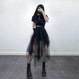 GORUNRUN Gothic Black Tulle Skirt Women Summer Fashion High Waist Streetwear Irregular Midi Skirts Chic Dark Series Punk Stitching Skirts