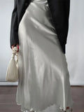 GORUNRUN Grey Satin Fashion Maxi Skirt Ruffled Patchwork Female Zipper Solid Elegant High Street Long Skirt Women Casual Y2k Skirt