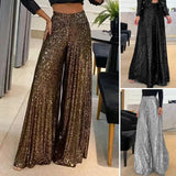 GORUNRUN-High Waist Elastic Waistband Straight Full Length Women Pants Club Night Sequins Loose Wide Leg Pants