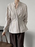 Gorunrun- Women Striped Pocket Irregular Elegant Blouse New V-neck Long Sleeve Loose Fit Shirt Fashion Spring Autumn