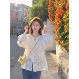 GORUNRUN-Elegant Sweet White Shirts Women Korean Floral Embroidery Puff Long Sleeve Blouses Office Ladies Fashion Streetwear Chic Tops