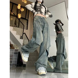 GORUNRUN-Y2K Style Strappy Vintage Light Blue Baggy Jeans Streetwear Women High Waisted Straight Pants Irregular Patch Mop Pants Y2k Clothes