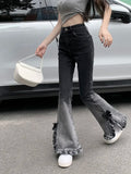 GORUNRUN-Y2K Style High Quality High waisted Contrast Jeans 2023 Wood Ear Side Slit Pants Slim Fit Bow Flared Denim Pants Y2k Streetwear Women