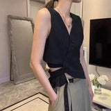 GORUNRUN-Elegant Black Blazer Vest Women Asymmetrical Crop Suit Waistcoat Jackets V Neck Sleeveless Coat Korean Hollow Out Outwears Tops