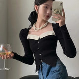 GORUNRUN-Vintage Knitted Sweater Women Square Collar Cropped Pullovers Autumn Winter Korean Elegant Slim Knitwear Simple Jumpers Tops New