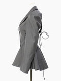 Gorunrun-  Women Gray Backless Mesh Ruffles Elegant Blazer New Lapel Long Sleeve Loose Fit Jacket Fashion Spring Autumn