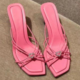 GORUNRUN Heart shaped crystal embellished candy pink sandals 2024new French socialite square toe open toe thin heel thin strap high heels