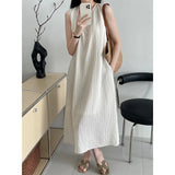 GORUNRUN-Texture Striped Tank Dress Women's Loose Sleeveless Long Dress