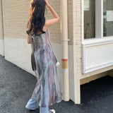 GORUNRUN-Y2K Tie Dye Tulle Midi Dress Women Streetwear Sheer Spaghetti Strap One Pieces Dresses Korean Harajuku Mesh See Through Vestidos