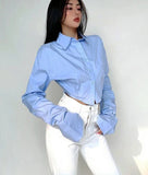 GORUNRUN- Spring Korean Style Long Sleeve White Shirt Women Sexy Button Ladies Crop Tops Blouse Street New In Female Clothing