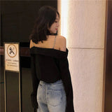 GORUNRUN-Streetwear Slash Neck Shirts Women Korean Elegant Chain Black Long Sleeve Blouses Office Lady Fashion Sexy Off Shoulder Tops New