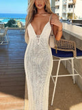 GORUNRUN Women Knitted Backless Sexy Spaghetti Strap Maxi Dresses  Holiday Hollow Out Split Long Dress Summer Beach Clothes