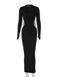 GORUNRUN Black Patchwork Slim Dress For Women Long Sleeve Fashion Contrast Bodycon Elegant Party Dress Ladies Casual Maxi Dress