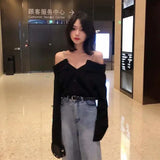 GORUNRUN-Streetwear Slash Neck Shirts Women Korean Elegant Chain Black Long Sleeve Blouses Office Lady Fashion Sexy Off Shoulder Tops New