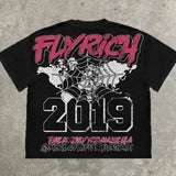 Y2K Vintage FlyRich 2019 World Graphic Print 100% Cotton T-Shirt Men Short Sleeves Vintage Oversize Tshirt Streetwear Women Tops